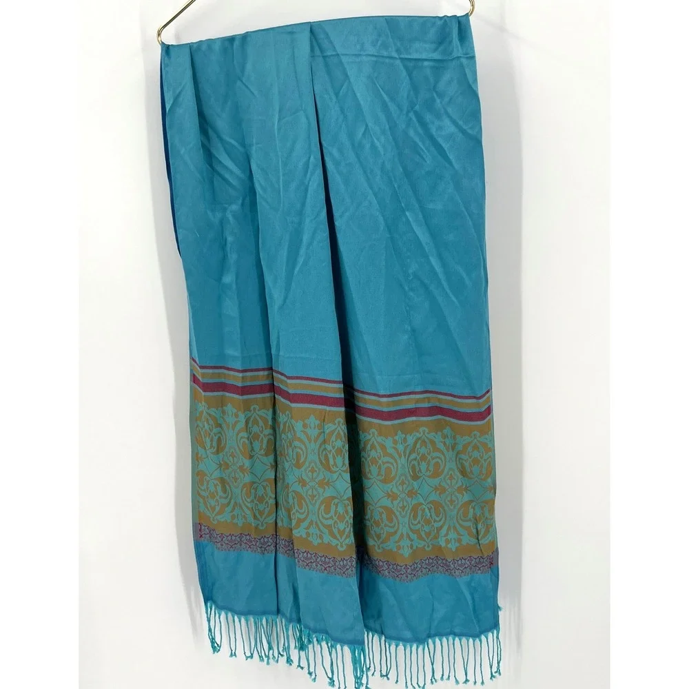 100% Silk Fringed Rectangular Scarf Shawl Blue‎